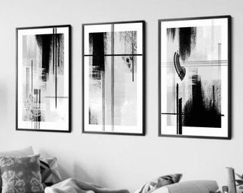 Black & white Abstract wall Art Prints| set of 3 prints |monochrome interior decor| Paint brushstrokes| Modern Classy wall decor posters