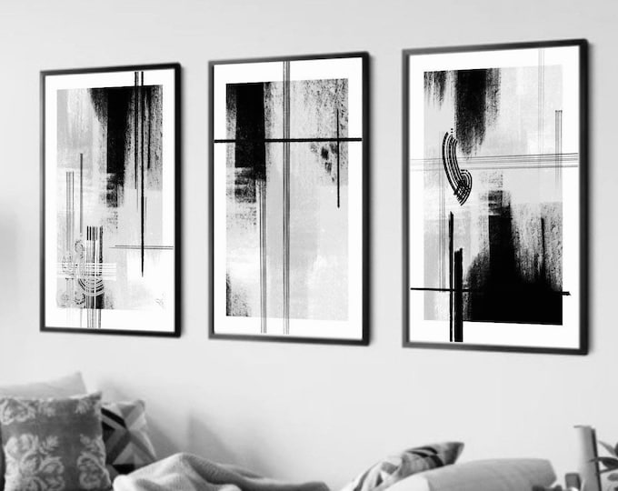 Featured listing image: Black & white Abstract wall Art Prints| set of 3 prints |monochrome interior decor| Paint brushstrokes| Modern Classy wall decor posters