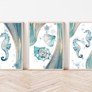 Nautical wall art decor| Marble effect art print | modern art prints |ocean sea life shell oyster  seahorse| Bathroom prints |turquoise gold