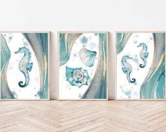 Nautical Wall Art Print – Marble Effect Ocean Decor | Seahorse & Seashell Coastal Print | Modern Beach House Wall Art | Sea Life Fine Art