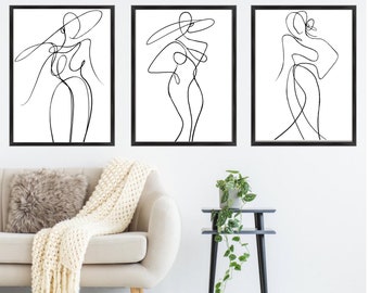 Woman Line Art Print Set – Minimalist Black & White Wall Art • 3 Elegant Feminine Line Drawings • Modern Bedroom Décor • Stylish Gallery