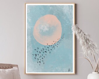 Abstract Sun and Birds Art Print, Minimalist Wall Decor, Peach and Blue Painting, Modern Home Decor, Housewarming Gift