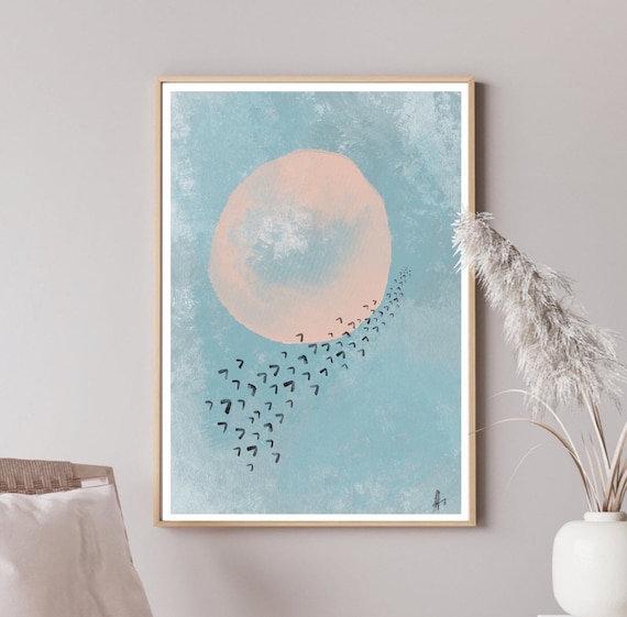 Abstract Sun and Birds Art Print, Minimalist Wall Decor, Peach and Blue Painting, Modern Home Decor, Housewarming Gift