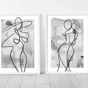 May include: Two black and white line drawings of figures wearing hats against a gray and white abstract background. The figures are drawn in a single line.