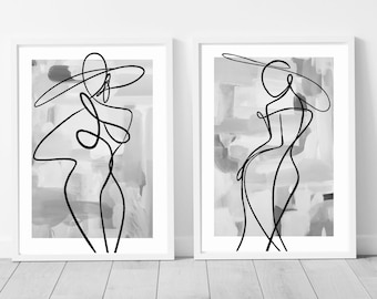 Stampa artistica di linea femminile/disegno di linea femminile/decorazione murale/stampe di moda/stampe romantiche/arte astratta contemporanea/elegante e di classe/set di 2