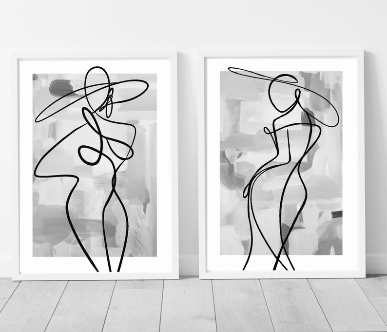 May include: Two black and white line drawings of figures wearing hats against a gray and white abstract background. The figures are drawn in a single line.