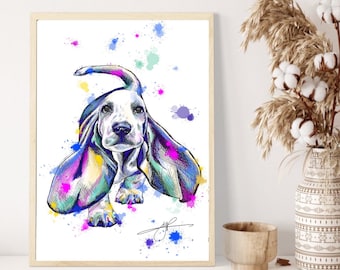 Basset Hound Watercolour Print • Dog Portrait Wall Art • Basset Hound Decor • Pet Lover Gift • Colourful Modern Dog Art Print