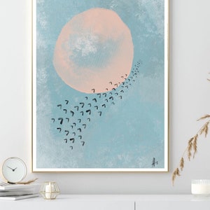 May include: Abstract art print with a large, pale pink circle in a light blue sky. A trail of black, stylized birds fly in a curved line towards the circle.
