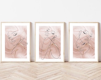 Woman line art print | wall art decor |romantic art prints | set of 3 prints| classy elegant art prints | bedroom dressing room | blush pink