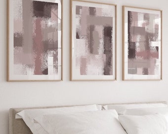 Dusty Rose blush Pink wall Art Prints|set of 3|Textured Paint Brush strokes| abstract prints|Bedroom decor|above bed prints| mauve brown