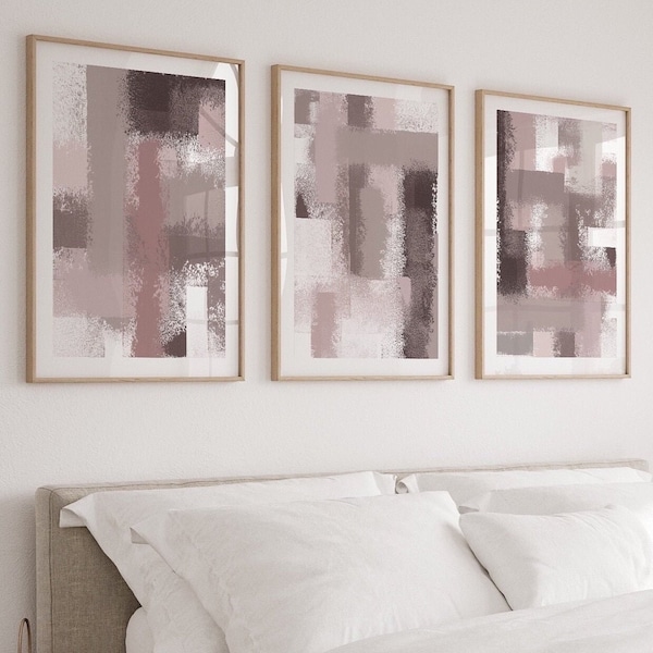 Dusty Rose blush Pink wall Art Prints|set of 3|Textured Paint Brush strokes| abstract prints|Bedroom decor|above bed prints| mauve brown