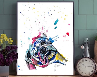 Bulldog Watercolor Art Print, Colorful Dog Face Poster, Abstract Pet Portrait, Ink Splatter Dog Wall Art, Bulldog Decor, dog lovers gifts