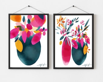 Colorful Abstract Floral Art Set, Modern Vase Wall Prints, Set of 2 Flower Posters, Bold Home Decor, Housewarming Gift