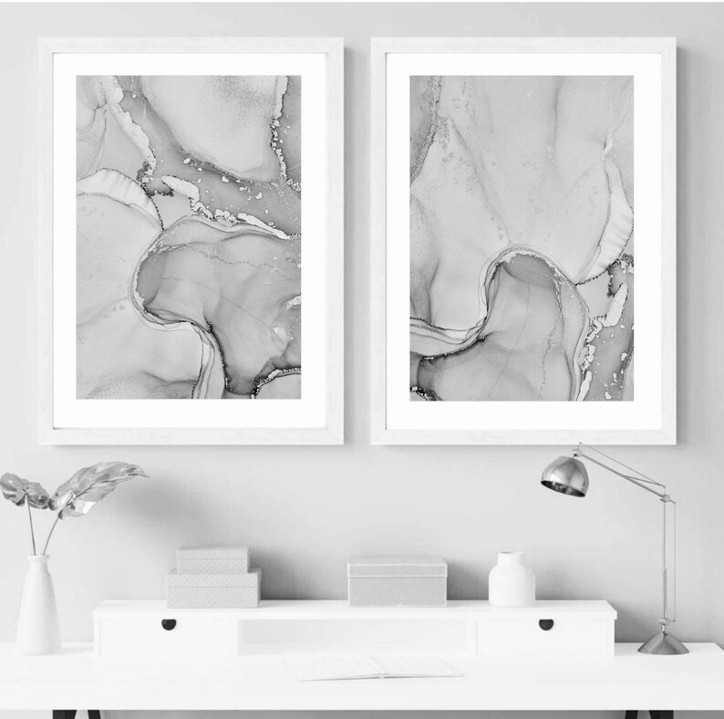 Marmor Fluid Art Print|Alkohol Tinte Druck| Acryl Kunst giessen | Schwarz Weiß Grau Monochrom Kunstdrucke | Wand Kunst Dekor | Alkohol Tinte Poster Bild 4