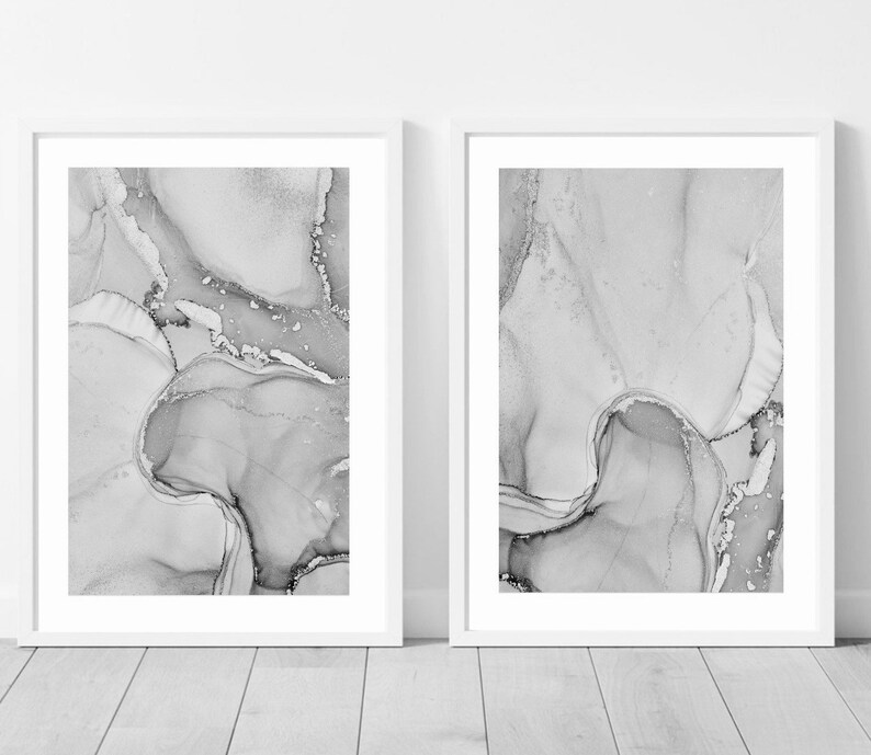 Marmor Fluid Art Print|Alkohol Tinte Druck| Acryl Kunst giessen | Schwarz Weiß Grau Monochrom Kunstdrucke | Wand Kunst Dekor | Alkohol Tinte Poster Bild 2
