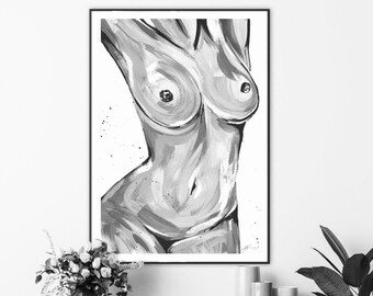 Female Nude Art Print | Woman Body Acrylic painting Print | Fashion prints | naked body print| boob print | Nude abstract black white mono