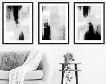 Thick Paint Strokes Abstract Wall Art Prints – Black, White, Grey | Set of 3 | Modern Home Decor | Minimalist Brushstroke Wall Art| textured