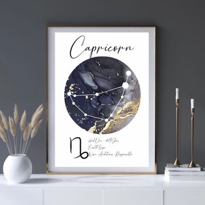 May include: A white background with a black and gold watercolor circle featuring the constellation Capricorn. The text "Capricorn" is written in black cursive above the circle. Below the circle is the Capricorn symbol, the dates "Dec 22nd - Jan 19th", the text "Earth Sign", and the words "Wise, Ambitious, Responsible".