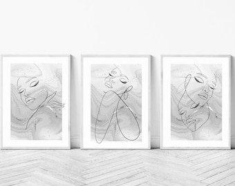 Woman line art print | wall art decor |romantic art prints | set of 3 prints| classy elegant art prints | bedroom dressing room | grey mono