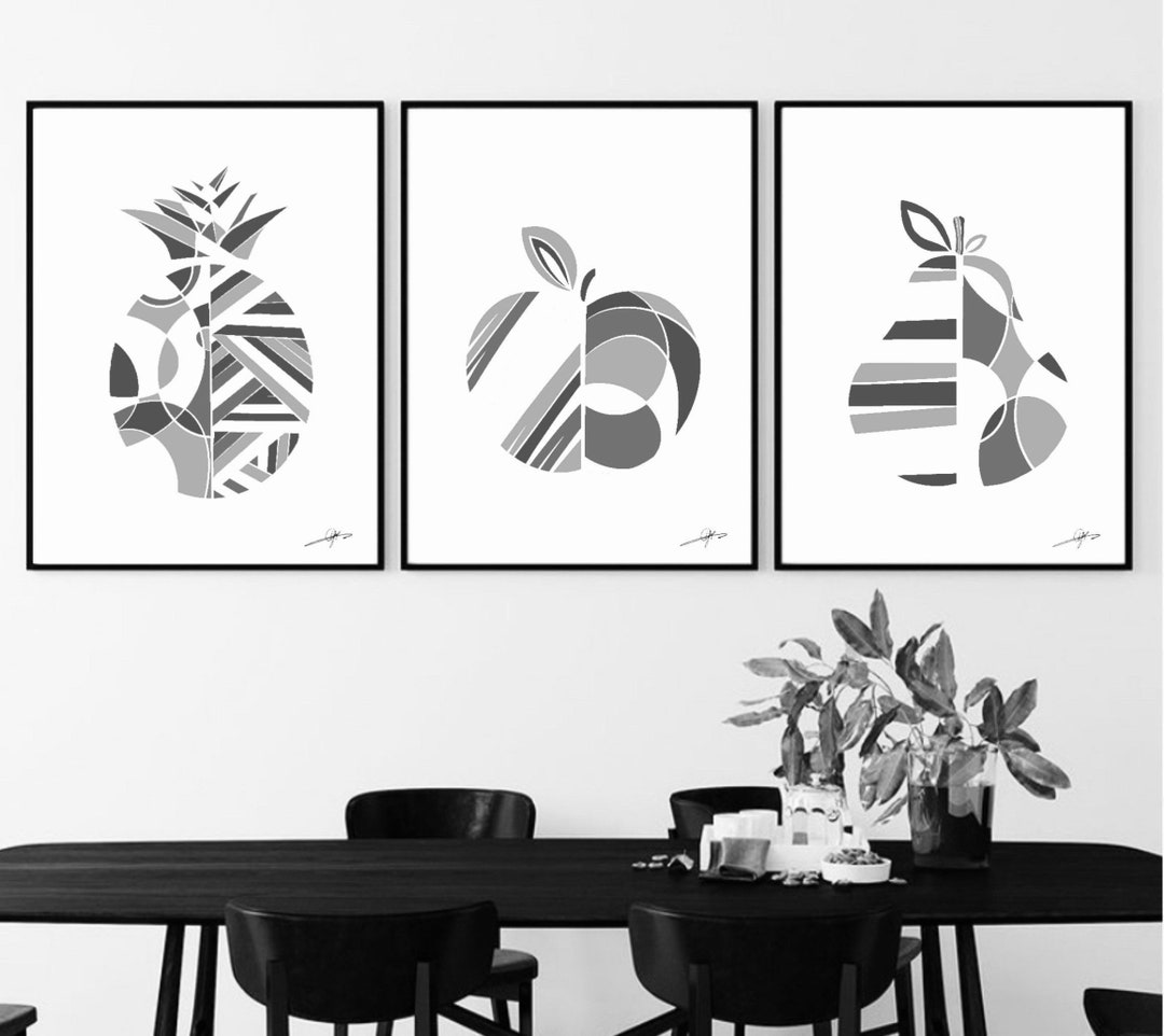Kitchen Art Prints Fruit Wall Art Decor Black White Grey Decor
