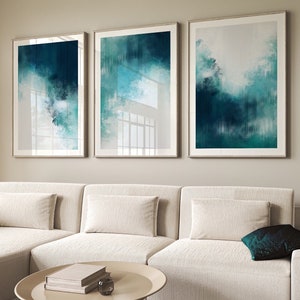 Teal Green wall Art Prints|abstract ombre paintings| Brush stroke style| set of 3| modern interior decor| Aqua marine  turquoise colour art