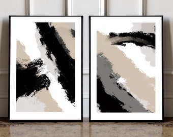 Acrylic Paint abstract Art Prints| Black Beige cream grey| Neutral decor| Natural decor | block colour brush strokes | set of 2 | CLAY