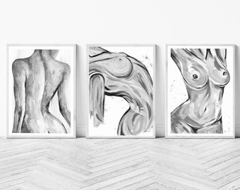 Female Nude Art Print | Woman Body Acrylic painting Print | Fashion prints | naked body print| boob print | Nude abstract | Black white mono