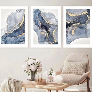 Marble Fluid abstract Art Print Navy Blue gold grey bedroom decor interiors wall art gift modern abstract | set of 3