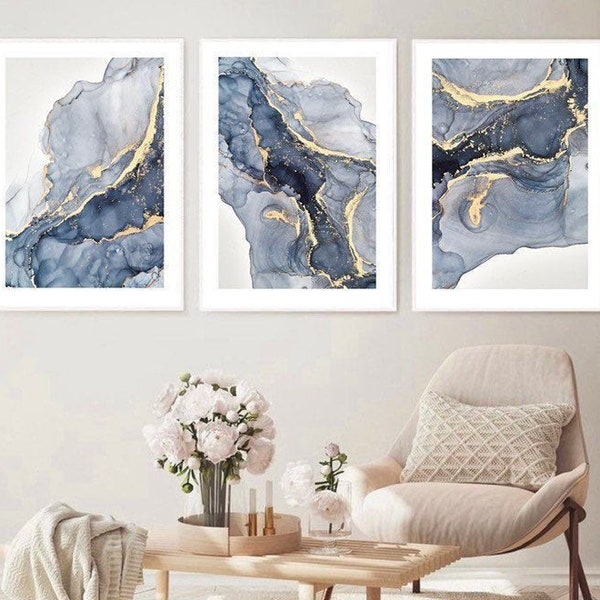 Impression d'art abstrait fluide en marbre bleu marine décor de chambre à coucher gris or intérieur cadeau art mural abstrait moderne | lot de 3