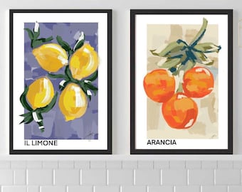 Italian Citrus Diptych Prints, Abstract Lemon & Orange Wall Art, Mediterranean Kitchen Decor, Bold Colorful Fruit Paintings, Modern
