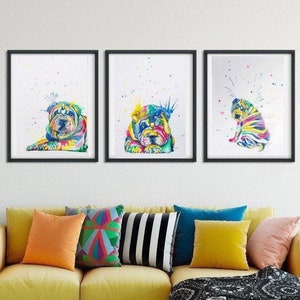 Shar Pei Art Prints rainbow dog prints watercolour painting prints wall decor Abstract art prints dog lover gifts pet portrait set of 3