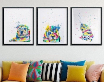 Shar Pei Art Prints rainbow dog prints watercolour painting prints wall decor Abstract art prints dog lover gifts pet portrait set of 3