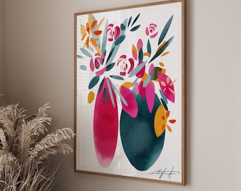 Abstract floral vase Print| tropical watercolour wall art|bright teal pink yellow colour pop | colourful decor classy elegant modern minimal