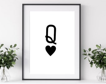 Queen of Hearts Print typography quote prints minimalism print funky art prints playing card prints modern style decor black and white decor