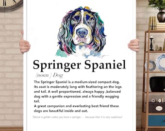 Springer Spaniel Wall Art, Dog Breed Definition Print, Watercolor Spaniel Poster, Funny Dog Quote, Framed Pet Lover Gift
