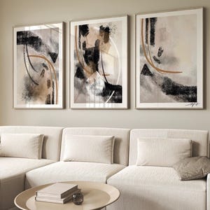 Abstracte kunstafdrukken aan de muur| Zwart Bruin warm beige grijs| Neutrale esthetiek | Natuurlijke kleur | getextureerde penseelstreek | set van 3 | JAVA MODERN