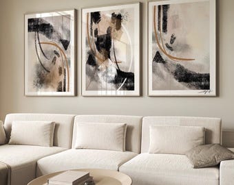 Abstract wall Art Prints| Black Brown warm Beige grey| Neutral aesthetic | Natural colour | textured brush stroke | set of 3 | JAVA MODERN