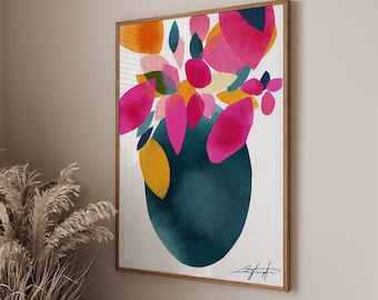 Abstract floral vase Print| tropical watercolour wall art|bright teal pink yellow colour pop | colourful decor classy elegant modern minimal