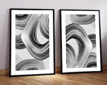 Monochrome Wall Art|Black and white prints| Abstract Art prints| Swirl paint texture| Brush stroke prints |Set of 2 |Classy wall art decor|