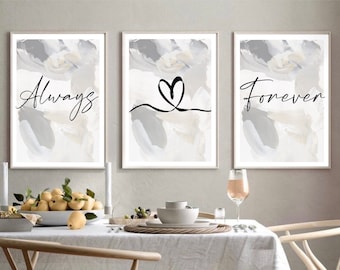 Set of 3 wall art prints|Home decor|acrylic paint textured| Always and forever love prints |neutral prints| above bed prints | romantic