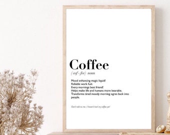 Funny Coffee Definition Print, Minimalist Typography Wall Art, Kitchen Decor for Coffee Lovers, Black & White Printable Gift Poster