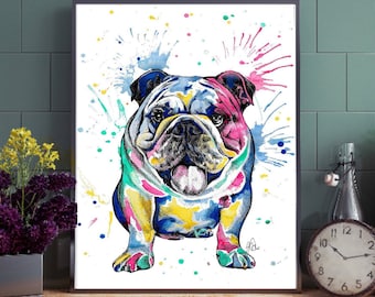 English Bulldog Print | Wall art decor| British Bulldog Poster | watercolour prints | painted pet portrait | Dog lovers gift | bulldog decor