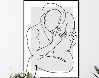 Lovers line art Print| man woman line art | Wall art decor| sexy prints | romantic prints|Grey neutral| classy elegant love couple embrace