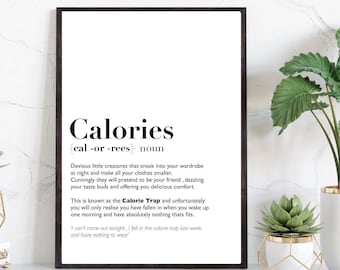 Funny Calories Definition Print, Minimalist Typography Wall Art, Kitchen Humor Decor, Modern Plant Styling, Witty Foodie Gift Poster