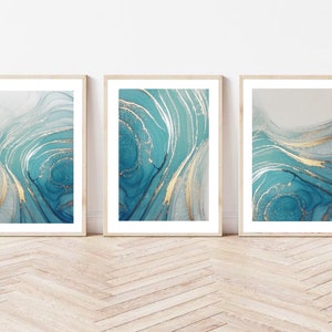 Marble Fluid wall Art Print Turquoise gold bathroom dressing interiors wall art gifts |modern art prints| alcohol ink | set of 3