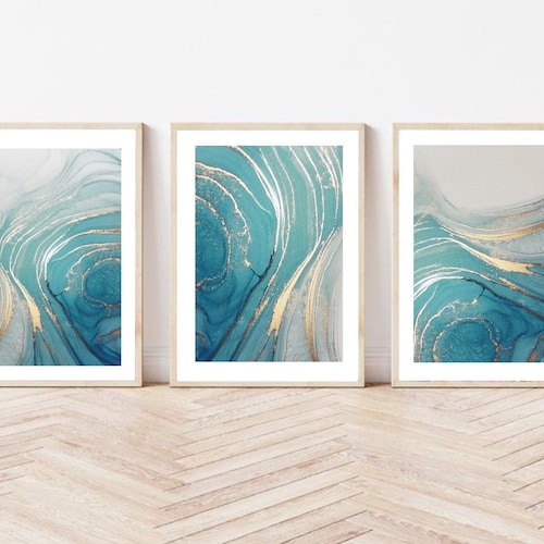 Teal Wall Art Set of 3 Turquoise Wall Art Aqua Blue Green Etsy