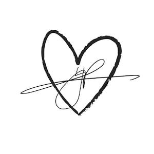 May include: Black and white heart-shaped design with a handwritten style. The heart has a textured outline, and the initials "JP" are intertwined within it, with a line crossing through the heart.