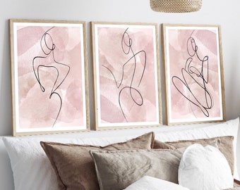 Woman line art print | wall art decor|romantic art prints | set of 3 prints| classy elegant art prints | bedroom peach dusty pink