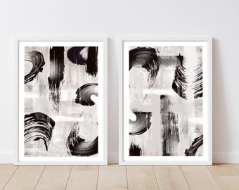 Abstract Art Print Set, Modern Black White Decor, Brush Stroke Wall Art Duo, set of 2 prints, paint texture prints, large wall art, modern