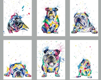 Engelse buldogafdrukken | Britse Bulldog-schilderij | Bulldog-kunst | Bulldog-poster | kunst aan de muur decor | set van 6| Abstracte hond| Regenboogkleuren